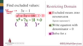 Finding Excluded Values for Rational Expressions MATH 095 Goal Topic 9A [upl. by Goldenberg]