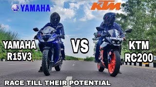 YAMAHA R15V3 VS KTM RC 200  RACE TILL THEIR POTENTIAL  HIGHWAY BATTLE  TOP END [upl. by Atinwahs]