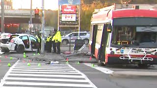 Horrific scene Stolen BMW crashes into Toronto transit bus leaving several people injured [upl. by Harat]