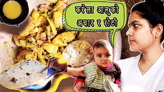 Nepali Breakfast Recipe by Amrita Khanal  Potato and Bitter Gourd  Pram Vlogs [upl. by Lienaj]