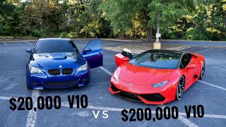 Lamborghini Huracan V10 vs Bmw E60 M5 V10 sound comparison and rev battle [upl. by Yespmed]