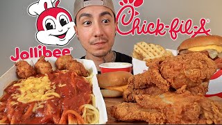 MUKBANG EATING JOLLIBEE SPICY FRIED CHICKEN CHICK FIL A SPICY FRIED CHICKEN CHEESEBURGER ASMR [upl. by Yelena673]