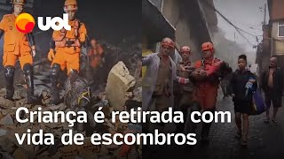 Petrópolis menina de 4 anos é retirada com vida de escombros após pai usar corpo para protegêla [upl. by Walrath293]