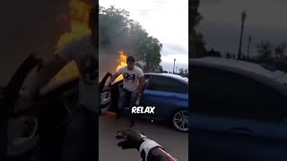 BMW Catches Fire After Dangerously Racing Two Bikers 😨 [upl. by Cumine]