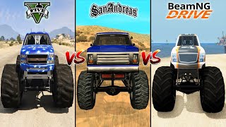 GTA 5 MONSTER TRUCK VS GTA SAN ANDREAS MONSTER TRUCK VS BEAMNG MONSTER TRUCK  WHICH IS BEST [upl. by Ambrosius]