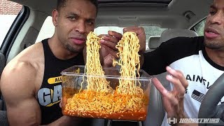 EXTREME SPICY CHEESE RAMEN NOODLE CHALLENGE  MUKBANG hodgetwins [upl. by Ednutey]