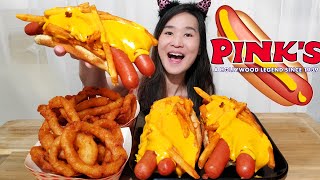 PINKS EXTRA CHEESY DOUBLE 9quot DOGS LA Chargers Chili Nacho Cheese Hot Dogs  Mukbang Crispy ASMR [upl. by Alilak]