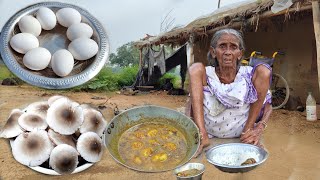 90 year old poor grandma cooking EGG CURRY with Mushroom recipe amp eating with rice Village life [upl. by Gelb]