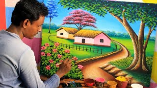 beautiful village scenery painting  nature drawing painting [upl. by Ecertak]