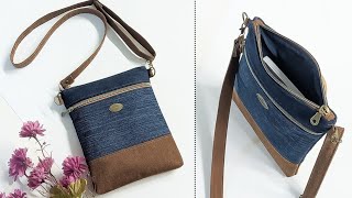 DIY Casual Plain Fabric and Denim Crossbody Bag Out of Old Jeans  Bag Tutorial  Upcycled Craft [upl. by Alegre]