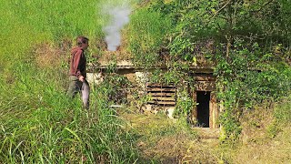 Building Abandoned Underground Bushcraft Shelter for Survival Clay Fireplace Fishing HUGE Carp [upl. by Nart210]