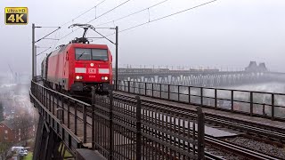 Rendsburg High Bridge rail crossing  north Germany  south Denmark mainline railway traffic 4K [upl. by Tterab]