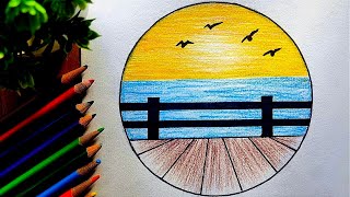 10Rs colour pencil drawing very easy sunrise drawing with pencil colourartdrawingpencildrawing [upl. by Ariel]