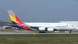 Asiana Airlines A380 HL7634 takeoff at Hamburg Finkenwerder two view [upl. by Herzberg]