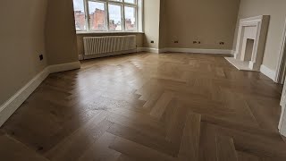 Light oak oversized herringbone parquet installation Maida Vale W9 [upl. by Dibbrun]