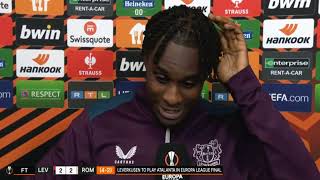 Jeremie Frimpong Post Match Interview Bayern Leverkusen vs Roma 22 [upl. by Arretal]