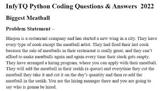 InfyTQ Python Coding Question  Biggest Meatball amp Answer 2022 infytq infosys python coding [upl. by Akkeber]