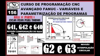 156 AULA 11 Parte1 PROG CNC AVANCADA FANUC CICLOS FIXOS TORNOS REVISÃO G41G42G40 G2 e G3 REGRAS [upl. by Yragerg]