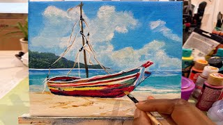 How To Paint Tropical Beach With Boat In Acrylics  timelapse 🚤 [upl. by Hayilaa610]