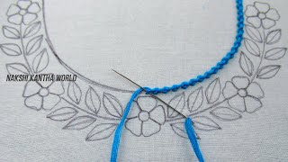 Wow its so cute floral neckline embroidery for kurti New hand embroidery neck design tutorial [upl. by Kreda780]