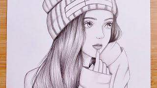 Easy step by step drawing tutorial  A girl wearing a winter hat  Pencil Sketch for beginners [upl. by Apicella681]