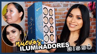 NUEVOS ILUMINADORES BISSÚ  SWATCHES DE TODOS LOS TONOS EN ROSTRO  2 TONOS DE PIEL  Karla Burelo [upl. by Skricki402]