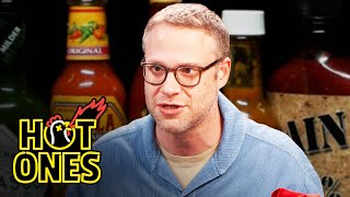 Seth Rogen Scorches His Tongue While Eating Spicy Wings  Hot Ones [upl. by Anselme]