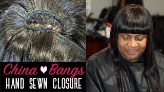 Full Head Sew In Weave wHand Stitched Closure  China Bangs [upl. by Llerrem]