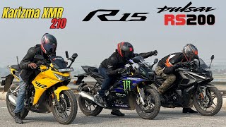 Hero karizma XMR vs Bajaj Pulsar RS200 vs Yamaha R15M Drag Race [upl. by Gurias811]