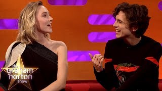 Saoirse Ronan amp Timothée Chalamet Joke About Pronouncing Timothée Chalamet [upl. by Atinaj]