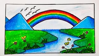 Rainbow scenery drawing easy and beautiful 🌈  Rainbow drawing video  Prakritik Drishya [upl. by Ainoloppa627]