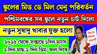 পশ্চিমবঙ্গের স্কুলে মিড ডে মিলে সপ্তাহে ১দিন মাংসমাছডিম দিবে  School Mid Day Meal Menu Chart 2025 [upl. by Sivolc827]