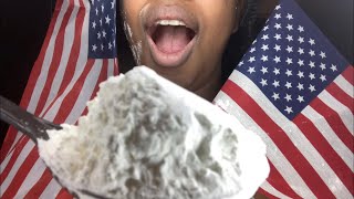 Cornstarch Eating Powder Video Squeaky Sounds Funnel Big Spoon Spatula Argo Brand Messy July 4th [upl. by Peggir]