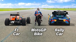 F1 Car vs MotoGP Bike vs Rally Car Ultimate Drag Race [upl. by Wilbert]