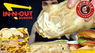 ASMR MUKBANG CHIPOTLE GIANT BURRITO ANIMAL STYLE INNOUT BURGER amp FRIES  WITH CHEESE  Magic Mikey [upl. by Abagail463]