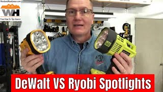 DEWALT DCL043 20V MAX Jobsite LED Spotlight VS Ryobi p717 One 18V LED Spotlight  Weekend Handyman [upl. by Ecinrev]