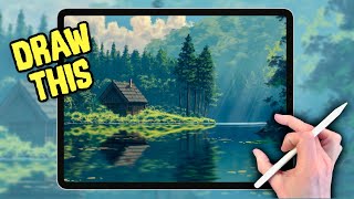 PROCREATE Landscape DRAWING Tutorial in EASY Steps  Cabin by a Lake [upl. by Hadria50]