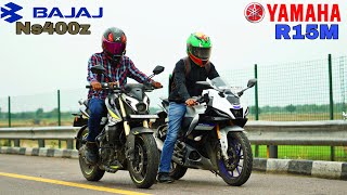 Bajaj Pulsar Ns400z vs Yamaha R15M  Drag Race  unexpected result [upl. by Noyar]