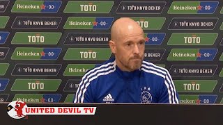 Ajax boss Erik ten Hag responds after being congratulated over Man Utd job by reporter  news today [upl. by Bricker]