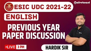 ESIC UDC Classes 202122  ESIC UDC English Previous Year Question Paper  Hardik Sir [upl. by Gnoht]