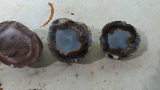 Cutting geodes in half with a lapidary saw and cutting slices of turritella agate [upl. by Kenny]