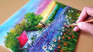 Acrylic Painting  House flower field Landscape Scenery art newvideo drawing diy how canvas [upl. by Aerahs211]