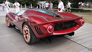 NEW De Tomaso P72 Supercar V12 Engine Sounds  Start Up Revs amp Driving  FOS Goodwood 2019 [upl. by Aynna]