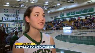 Basketball player impaled by gym floor revisits incident [upl. by Dehsar604]