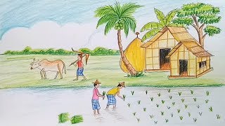 How to draw scenery of working people  cultivation step by step [upl. by Ecadnac]