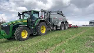 John Deere 8R340 et tonne à lisier Agrimat avec enfouisseur à disques 6m [upl. by Kelton]