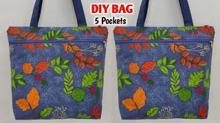 DIY TOTE BAG  5 POCKETS  How to a make cloth bags at home  Bag making  How to make a bag at home [upl. by Enelehcim]