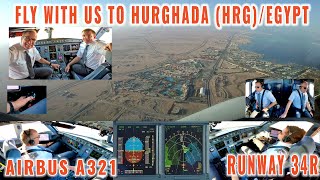 HURGHADA HRG  Exclusive cockpit and pilot views of a full approach to runway 34R  Airbus A321 [upl. by Jacklin]