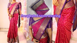 How to drape prepleated saree  how to wear prepleated saree step by step  Easy saree draping [upl. by Ydospahr]