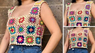 Top a Crochet con Grannys  Tutorial  Diestra [upl. by Mcleroy]